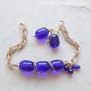 Cobalt Blue & Gold Chain Set - Chunky Bracelet & Earrings - Casual & Trendy!